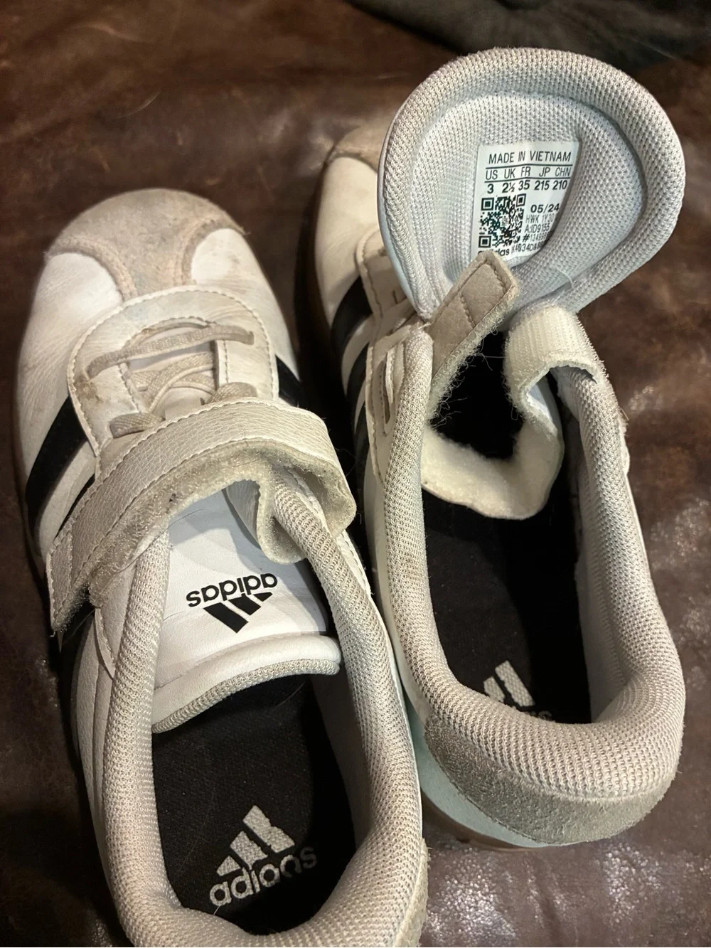 adidas White Sneakers with Black Stripes and Gum Sole